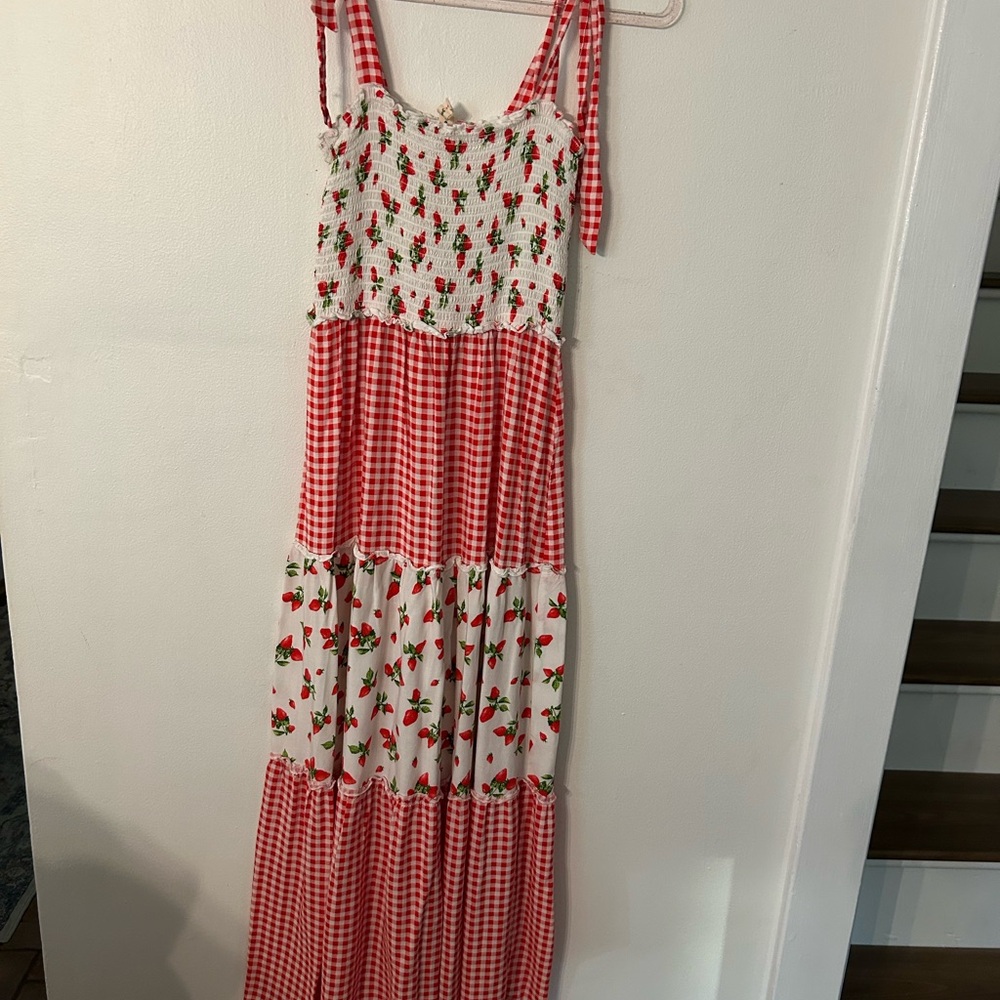 BeBop Red and White Floral Maxi Dress. Strawberry print